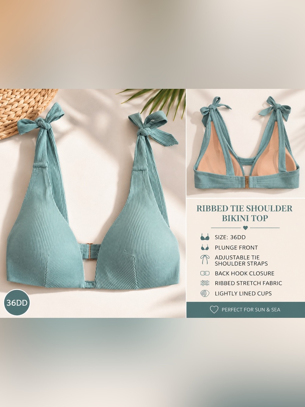 Shade & shore Ribbed Tie Shoulder Bikini Top - Seafoam 36DD